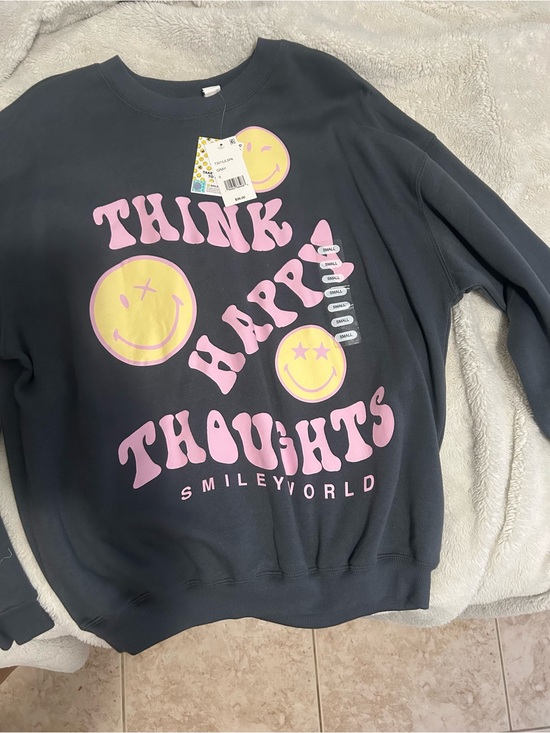 SmileyWorld Sweaters - "Think Happy Thoughts" Black Crewneck Sweatshirt - Pink & Yellow Graphic